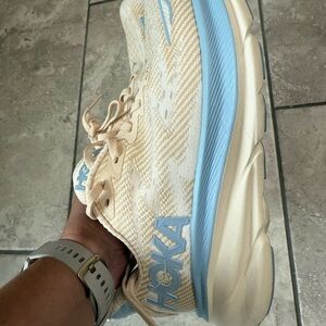 Hoka Cream and Light Blue Sneakers